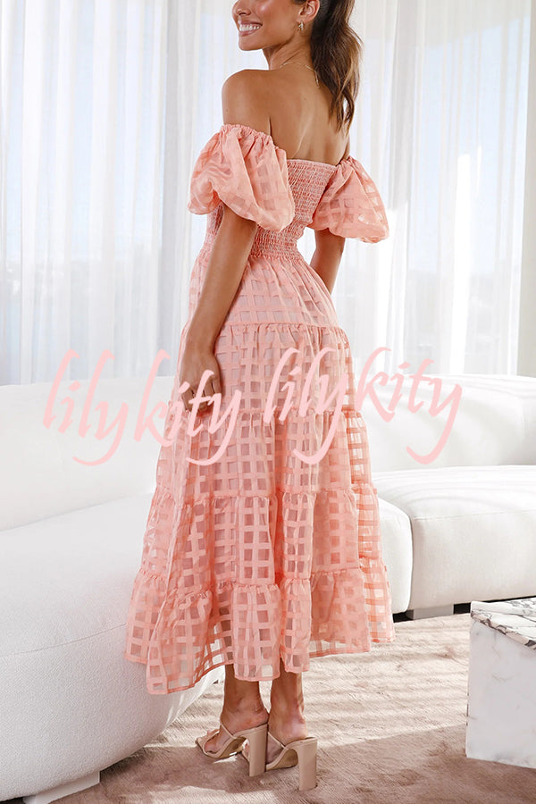 Solid Color Off-shoulder Lantern Sleeve Patchwork Midi Dress