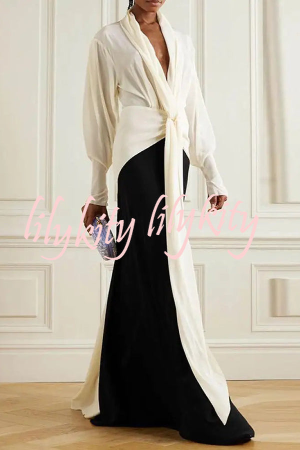 Fashion Contrast Color V-neck Tie High Waist Drape Maxi Dress