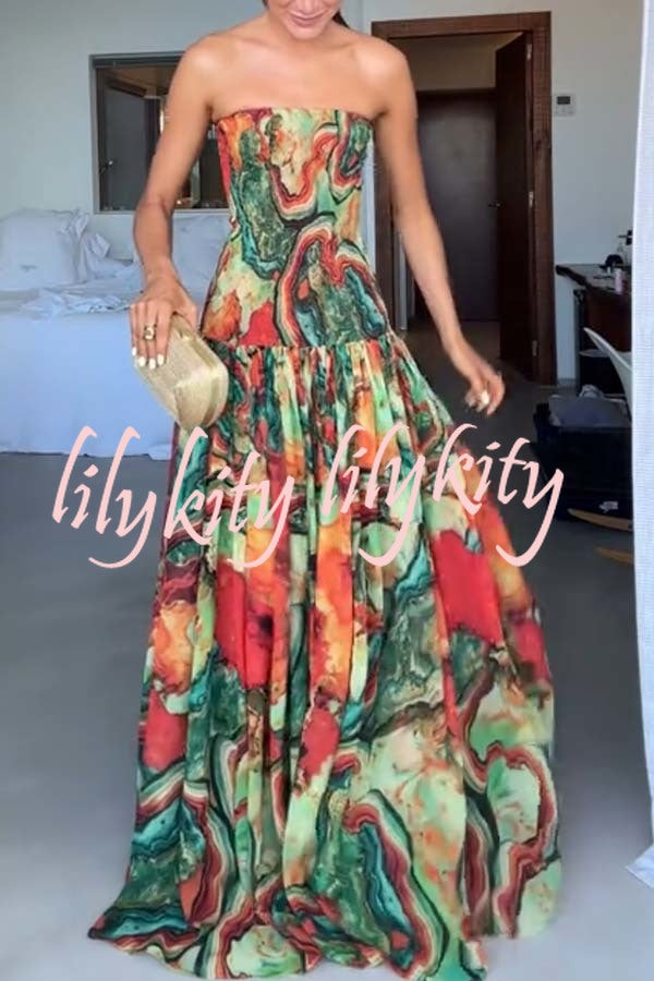Vacay Vibes Colorful Lava Print Off Shoulder Smocked Scarf Maxi Dress