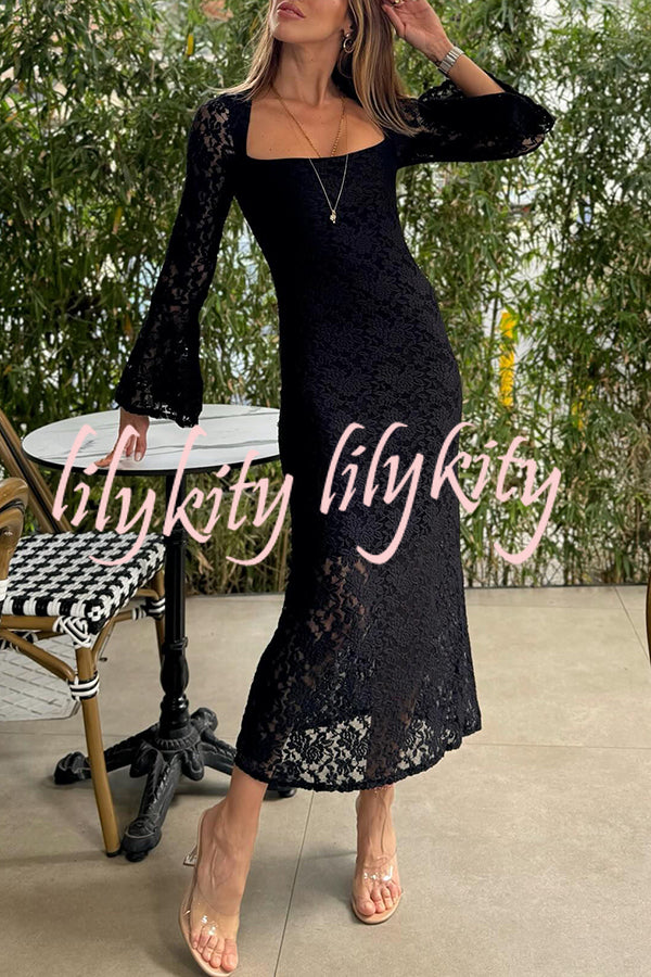 Luxe Lifestyle Lace Square Neck Bell Sleeve Lined Slit Midi Dress