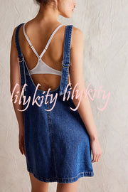 Solid Color Sleeveless V-neck Pocket Adjustable Denim Suspender Mini Dress