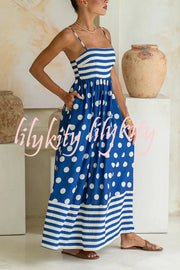 Striped Polka-dot Print Sling Pleated Open-back Maxi Dress