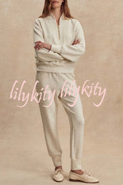 Ivory Marl Fleck Half-Zip Neck Long Sleeve Sweatshirt and Elastic Waist Pocket Jogger Set