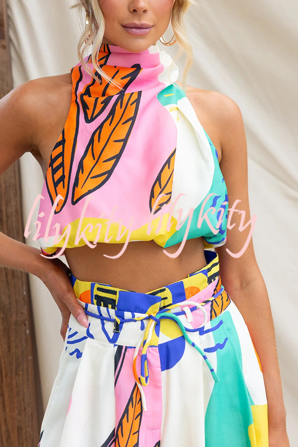 Maison Linen Blend Unique Print High Neck Top and Elastic Tie-up Waist Pocket Wide Leg Pants Set