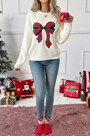 Christmas Plaid Bowknot Round Neck Long Sleeve Loose Knitted Sweater