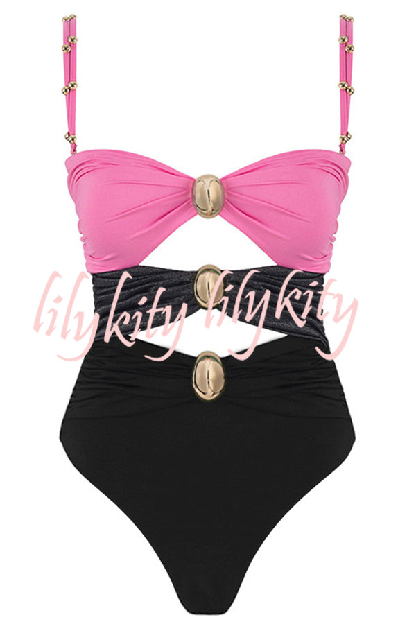 Color Block Patchwork Hollow Metal Decorative Stretch One-piece Swimsuit