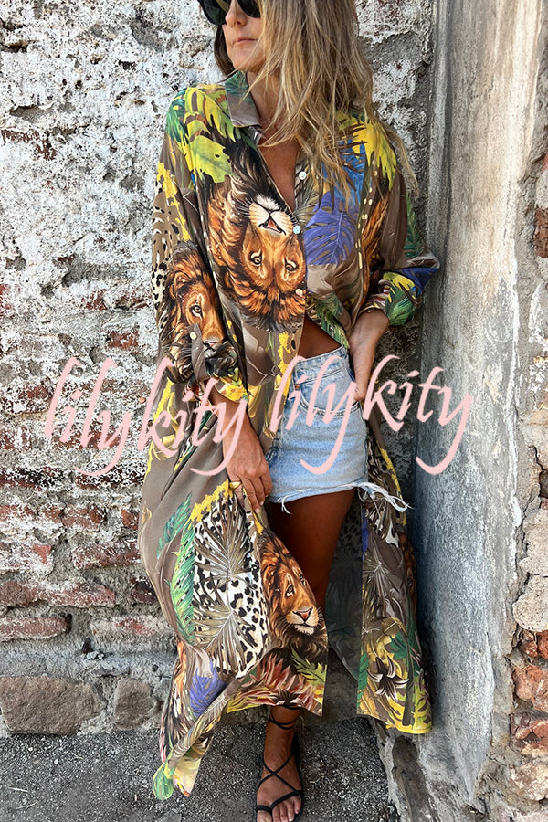 Jungle Miracle Animal Unique Print Button Long Sleeve Midi Relaxed Blouse