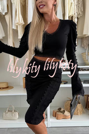 Career Beauty Lace Paneled Long Bell Sleeve Crop Top and High Rise Mini Skirt Set