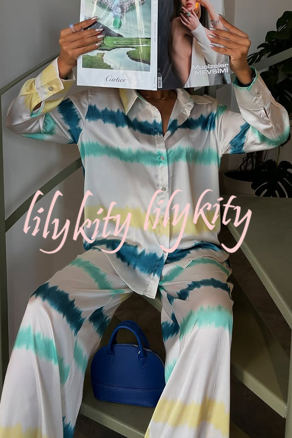 Lizbeth Satin Tie Dye Print Long Sleeve Shirt and Elastic Waist Pocketed Pants Set