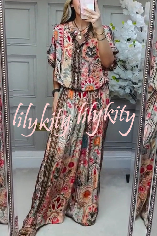 Unique Printed Loose Short-sleeved Top and Elastic Waist Casual Wide-leg Pants Set