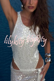 Fashion Sequin Sleeveless Fitted Rompers and Holiday Slit Maxi Skirt Set