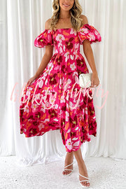 Petal Princess Unique Print Smocked Waist Puff Sleeve Midi Dress