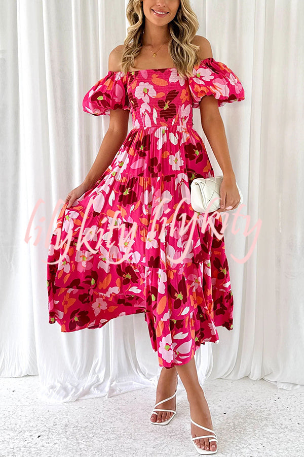 Petal Princess Unique Print Smocked Waist Puff Sleeve Midi Dress