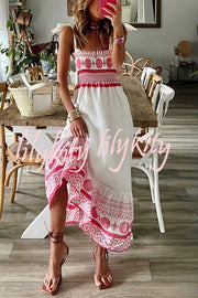 Malibu Villa Ethnic Printed Smocked Shoulder Tie Maxi Dress