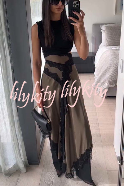 Verve Ribbed Jersey Cutout Waist Asymmetric Satin Lace Hem Maxi Dress