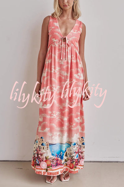 Resort Style Unique Printed Sleeveless V-neck Casual Maxi Dress