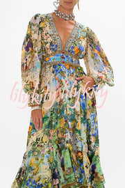 Fairy Tale Print V-Neck Lantern Sleeve Waist Maxi Dress