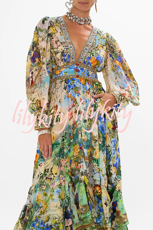 Fairy Tale Print V-Neck Lantern Sleeve Waist Maxi Dress
