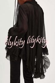 Flowy See-through Ruffle Tie-up Neck Bell Sleeve High-low Hem Cape Shirt