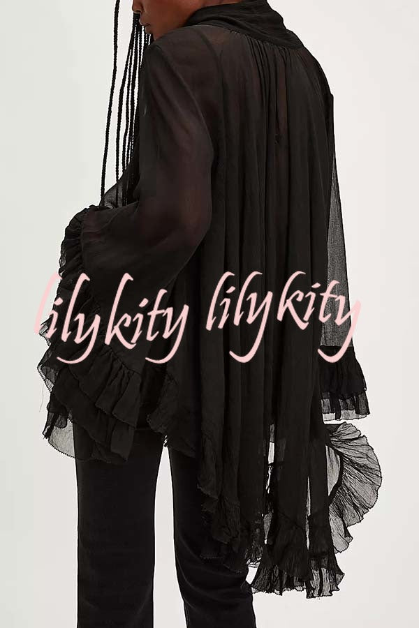 Flowy See-through Ruffle Tie-up Neck Bell Sleeve High-low Hem Cape Shirt