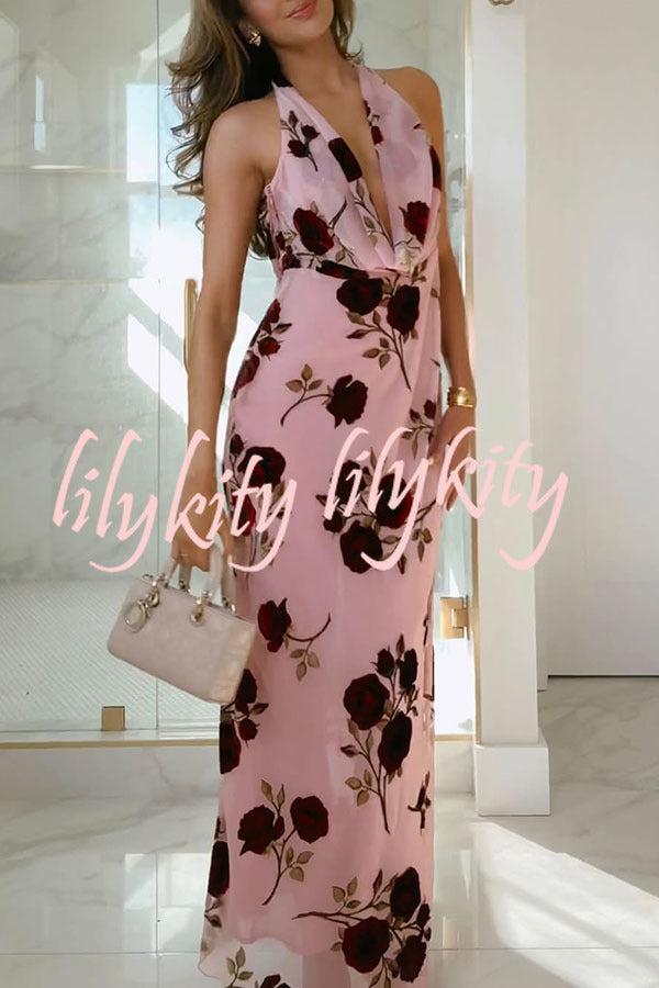 Rose Secret Printed Cowl Neck Halter Backless Maxi Dress