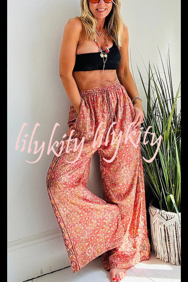Vintage Boho Ethnic Print High Rise Elastic Drawstring Waist Pocketed Loose Pants
