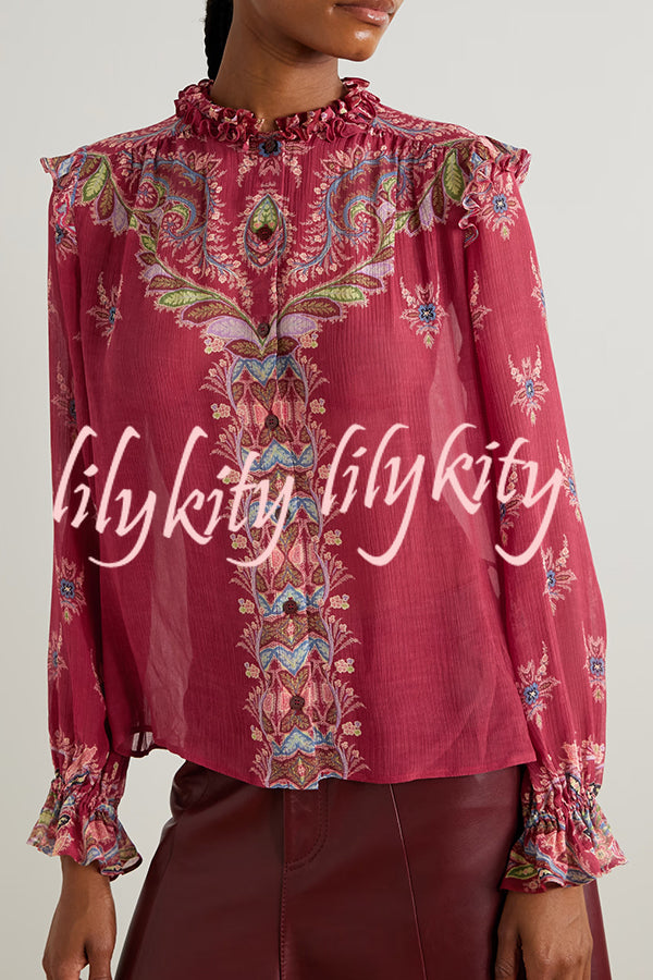 Unique Printed Chiffon Long-sleeved Loose Shirt and Elegant Ruffled Maxi Skirt Set