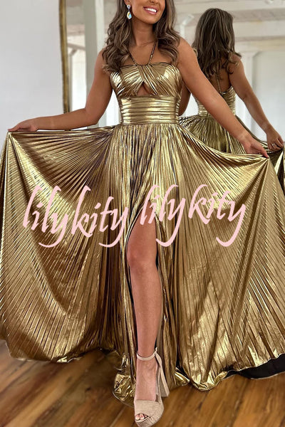 Queen Style Metallic Fabric Cross Neck Cutout Slit Pleated Maxi Dress