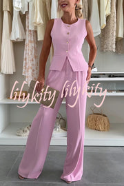 Workplace Chic Sleeveless Button Vest and Relaxed Pocket Wide Leg Pants Set