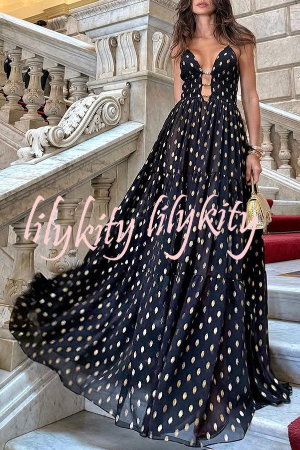 Charming View Chiffon Gold Polka Dot Print Cutout Lightweight Maxi Dress