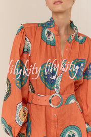 Linen Blend Unique Print Belted Single-breasted Casual Maxi Dress