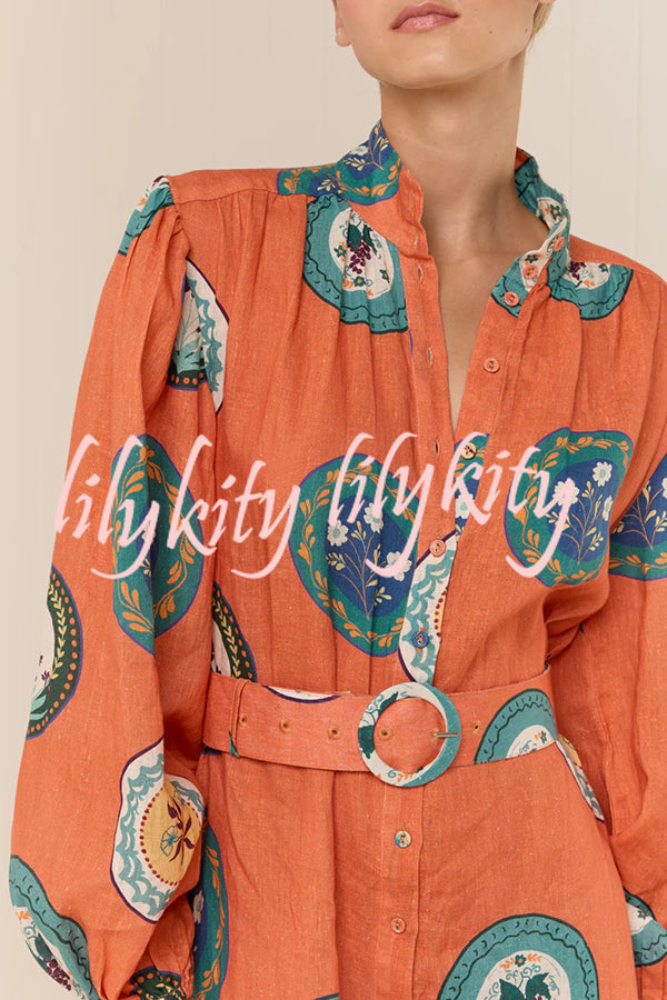 Linen Blend Unique Print Belted Single-breasted Casual Maxi Dress