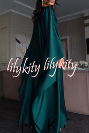 Dignified and Elegant Satin Batwing Sleeve with Waist Tie Design A-line Maxi Dress