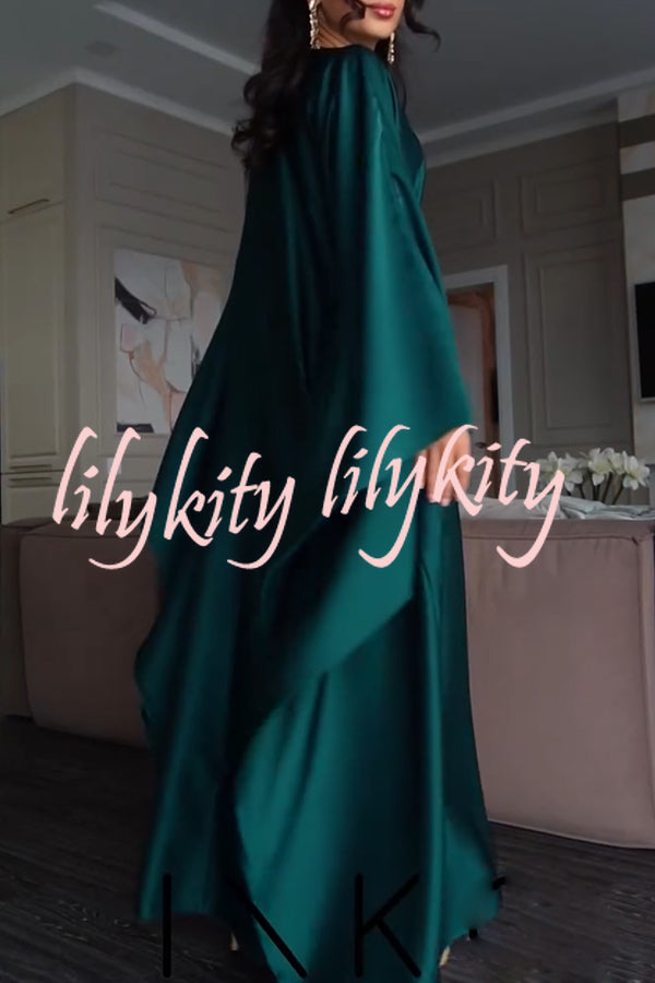 Dignified and Elegant Satin Batwing Sleeve with Waist Tie Design A-line Maxi Dress