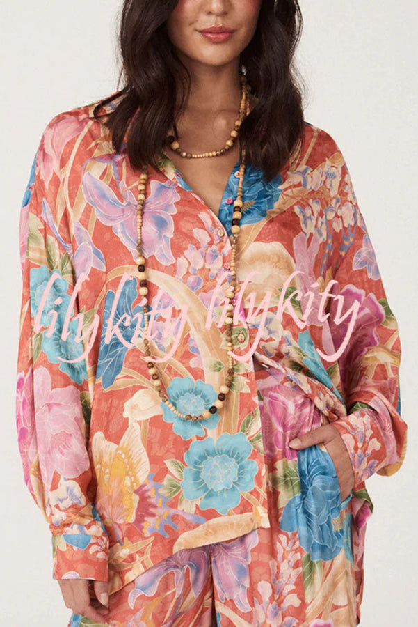 Painter's Garden Boho Floral Print Button Long Sleeve Relaxed Blouse