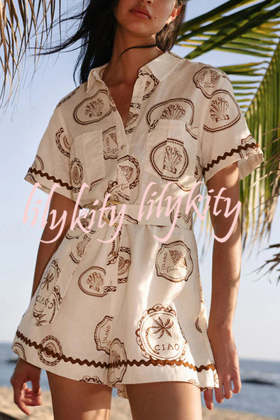 Resort Style Print Lapel Short Sleeves Casual Pocket Waist Tie Loose Rompers