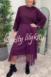 Fenna Ribbed Sequin Trim Batwing Sleeve Sweater and Pleated Tulle Stretch Tank Midi Dress Two-piece Set