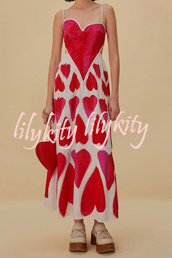 Full of Love Heart Shape Print Cutout Spaghetti Strap Backless Maxi Dress