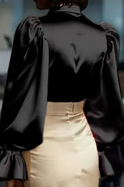 Solid Color Satin Puff Sleeve Casual Button-down Shirt
