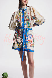 Linen Blend Unique Printed Balloon Sleeve Pocket Tie Waist Mini Dress