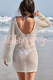 Solid Color Crochet Floral Long Sleeve Knit Hollow Cover-up Mini Dress