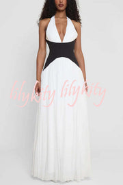 Fashionable Color Matching Sexy Halter Neck Waist Maxi Dress