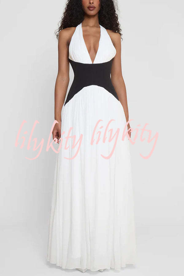 Fashionable Color Matching Sexy Halter Neck Waist Maxi Dress