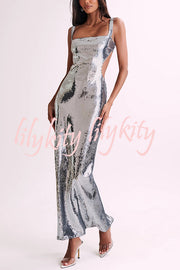 Eye Catching Sequin Cutout Waist Wide Strap Bacakless Maxi Dress