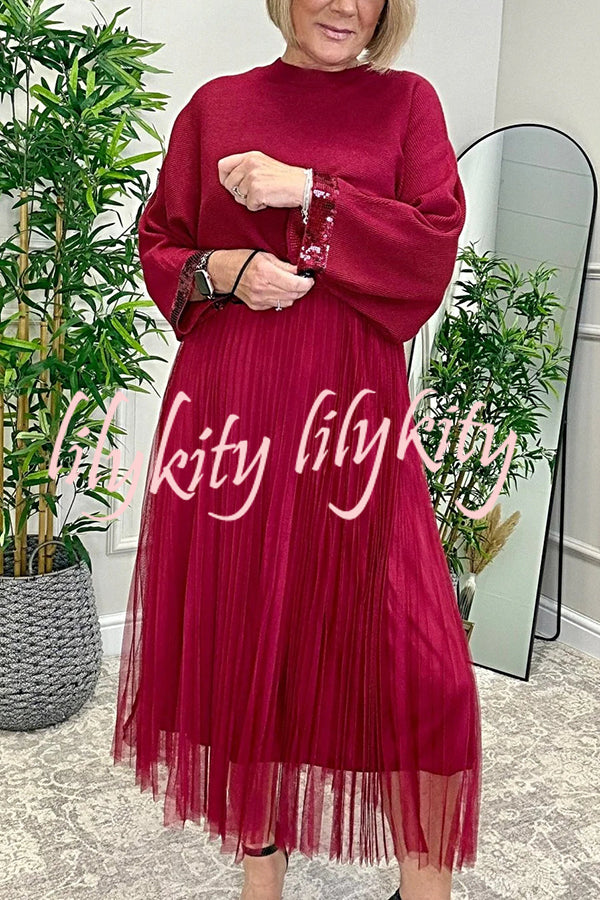 Fenna Ribbed Sequin Trim Batwing Sleeve Sweater and Pleated Tulle Stretch Tank Midi Dress Two-piece Set