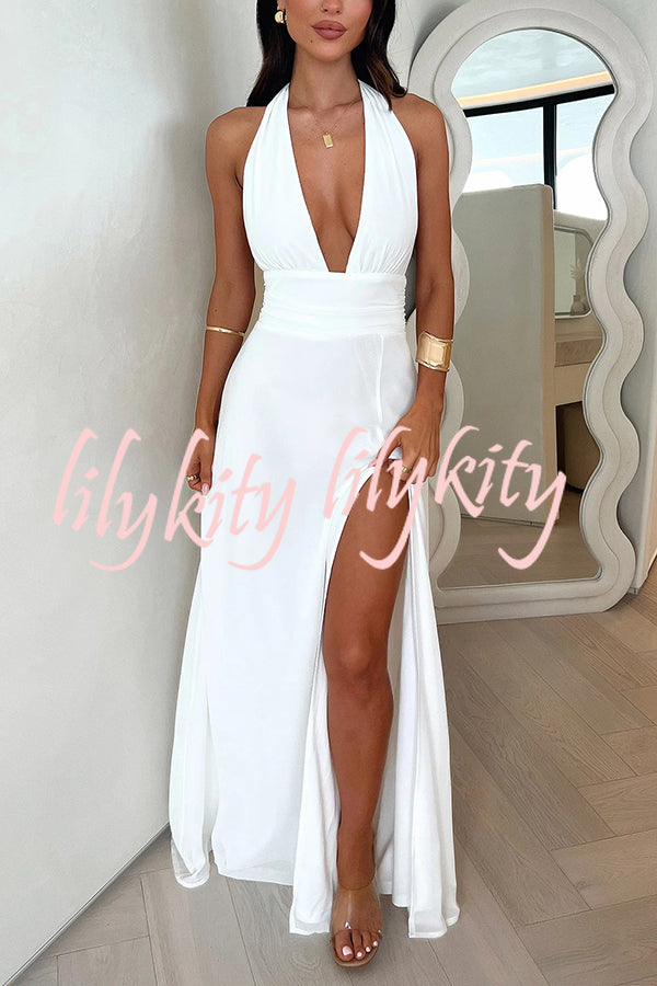 Sexy V-neck Backless Waist Tie High Slit Maxi Dress