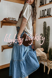 Bohemian High Rise Button Up Loose Denim Pocket Maxi Skirt