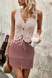 Knitted Vest V-neck Top and Lace-up Hollow Skirt Set