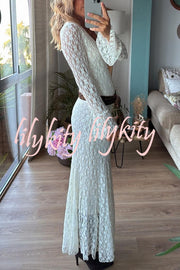 Aster Embroidered Lace Chiffon V-neck Long Bell Sleeve Stretch Flare Maxi Dress
