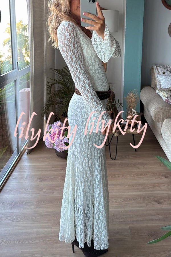 Aster Embroidered Lace Chiffon V-neck Long Bell Sleeve Stretch Flare Maxi Dress